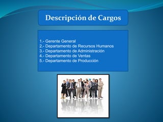 1.- Gerente General
2.- Departamento de Recursos Humanos
3.- Departamento de Administración
4.- Departamento de Ventas
5.- Departamento de Producción
Descripción de Cargos
 