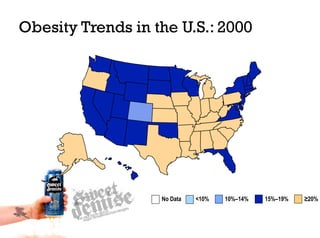 Obesity Trends in the U.S.: 2000




                   No Data   <10%   10%–14%   15%–19%   ≥20%
 
