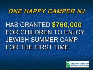 ONE HAPPY CAMPER NJ

HAS GRANTED $760,000
FOR CHILDREN TO ENJOY
JEWISH SUMMER CAMP
FOR THE FIRST TIME.
 