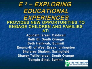 E   3
         – EXPLORING
        EDUCATIONAL
        EXPERIENCES
PROVIDES NEW OPPORTUNITIES TO
 ENGAGE CHILDREN AND FAMILIES
             AT:
       Agudath Israel, Caldwell
        Beth El, South Orange
        Beth Hatikvah, Summit
   Emanu-El of West Essex, Livingston
     Sha’arey Shalom, Springfield
   Sharey Tefilo-Israel, South Orange
         Temple Sinai, Summit
 