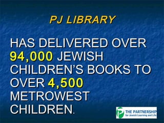 PJ LIBRARY

HAS DELIVERED OVER
94,000 JEWISH
CHILDREN’S BOOKS TO
OVER 4,500
METROWEST
CHILDREN.
 
