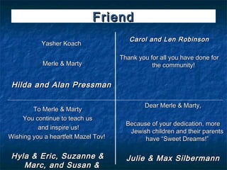 Friend
                                        Carol and Len Robinson
           Yasher Koach

                                     Thank you for all you have done for
            Merle & Marty                       the community!


 Hilda and Alan Pressman

                                             Dear Merle & Marty,
        To Merle & Marty
    You continue to teach us
                                       Because of your dedication, more
          and inspire us!
                                        Jewish children and their parents
Wishing you a heartfelt Mazel Tov!           have “Sweet Dreams!”

 Hyla & Eric, Suzanne &                Julie & Max Silbermann
    Marc, and Susan &
 