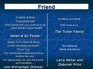 Friend
          To Merle & Marty
                                        To Marty and Merle
          Congratulations!
 With wishes that you continue to do      With much love.
      good deeds in good health!
                                       The Ticker Family
      Helen & Sy Farber
    Mazel Tov to Merle & Marty
   on this well deserved honor!            Kol Hakavod,
            Thank You!                   Merle and Marty!
 Our community is blessed to have
           leaders like you!
For appreciation for your hard work    Larry Neher and
           and friendship…
                                        Deborah Prinz
Joan Bronspiegel Dickman
 
