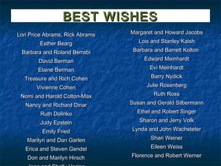 BEST WISHES
Lori Price Abrams, Rick Abrams   Margaret and Howard Jacobs

        Esther Bearg                Lois and Stanley Kaish

 Barbara and Roland Berrebi       Barbara and Barrett Kolton

        David Berman                  Edward Meinhardt

        Elaine Berman                   Evi Meinhardt

  Treasure and Rich Cohen                Barry Nydick

       Vivienne Cohen                  Julie Rosenberg

 Nomi and Harold Colton-Max               Ruth Ross

   Nancy and Richard Dinar       Susan and Gerald Silbermann

        Ruth Dolinko               Ethel and Robert Singer

        Judy Epstein                Sharon and Jerry Volk

         Emily Fried             Lynda and John Wachsteter

   Marilyn and Dan Garlen               Shari Weiner

   Erica and Steven Gendel              Eileen Weiss

    Don and Marilyn Hirsch       Florence and Robert Werner
 