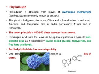 • Phyllodulcin
• Phyllodulcin is obtained from leaves of Hydrangea macrophylla
(Saxifragaceae) commonly known as amacha.
• This plant is Indigenous to Japan, China and is found in North and south
America, and temperate hills of India particularly Assam and in
Himalayas.
• The sweet principle is 400-800 times sweeter than sucrose.
• Hydrangeic acid from the leaves is being investigated as a possible anti-
diabetic drug as it significantly lowers blood glucose, triglyceride, and
free fatty acid levels.
• Purified phyllodulcin has no mutagenicity.
• One drawback for its use as a sweetener is its very low solubility in
water.
 