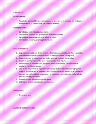 VARIABLES

DEPENDIENTES:

    Resultados que se obtengan (cambios que se generen en el zumo de uva en cuanto
     a la apariencia, la composición y el comportamiento).

INDEPENDIENTES:

      Cantidad de uvas utilizadas (una libra).
      Cantidad de zumo de uva que se sirvió en cada recipiente.
      Cantidad de polvo royal que se le aplicó al zumo.
      Cantidad de azúcar que se le aplicó al zumo.



PROCEDIMIENTO

   1. Se prepararon cada uno de los implementos necesarios, se alistaron los recipientes
      y se extendieron varias servilletas sobre la mesa para evitar los regueros.
   2. Se partieron por la mitad cada una de las uvas, para extraer las semillas.
   3. Se comenzaron a macerar las uvas y a extraer de ellas el zumo.
   4. Se suministró el zumo en cada uno de los vasos desechables, tratando de que
      quedaran cantidades iguales.
   5. Uno de los recipientes se dejó como control y a los tres restantes se le agregaron
      diversas sustancias así: el recipiente dos con una cucharada de azúcar, el recipiente
      tres con una cucharada de polvo royal y el recipiente cuatro con una cucharada de
      azúcar y una de polvo royal.
   6. Se realizaron las diferentes observaciones.
   7. Se hicieron análisis y se sacaron conclusiones.



CONSTANTE

    El zumo de uva.




ANÁLISIS DE RESULTADOS
 