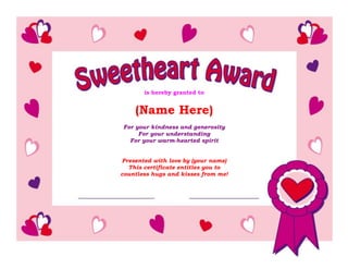 is hereby granted to(Name Here)For your kindness and generosityFor your understandingFor your warm-hearted spiritPresented with love by (your name)This certificate entitles you tocountless hugs and kisses from me!-438150-662305 