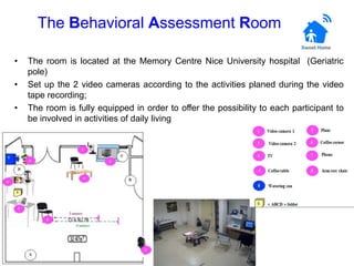 The BehavioralAssessmentRoomThe room is located at the Memory Centre Nice University hospital (Geriatric pole) Set up the 2 video cameras according to the activities planed during the video tape recording;The room is fully equipped in order to offer the possibility to each participant to be involved in activities of daily living