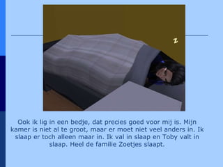 Ook ik lig in een bedje, dat precies goed voor mij is. Mijn kamer is niet al te groot, maar er moet niet veel anders in. Ik slaap er toch alleen maar in. Ik val in slaap en Toby valt in slaap. Heel de familie Zoetjes slaapt. 