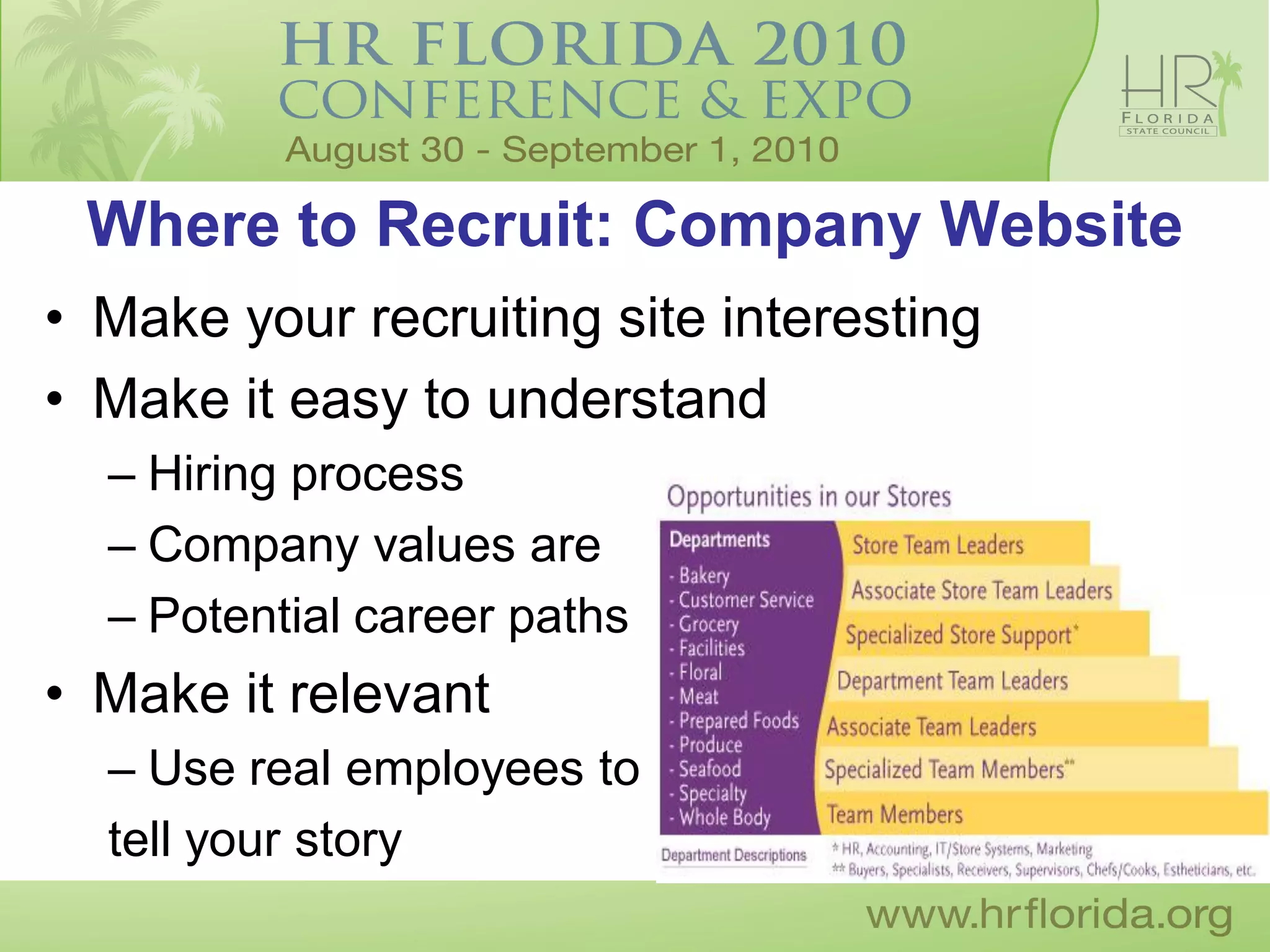 Where to Recruit: Company Website
• Make your recruiting site interesting
• Make it easy to understand
  – Hiring process
  – Company values are
  – Potential career paths
• Make it relevant
  – Use real employees to
  tell your story
 
