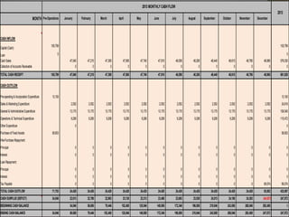 2013 MONTHLY CASH FLOW
                                                                                                                                                                                                                                          2013
                                    MONTH Pre-Operations    January       February       March       April           May           June           July           August       September       October       November       December




CASH INFLOW
                                                  105,799                                                                                                                                                                                   105,799
Capital (Cash)
Loan                                                   0                                                                                                                                                                                         0
Cash Sales                                                      47,040         47,215       47,390       47,565        47,740         47,915         48,090          48,265        48,440         48,615         48,790         48,965      576,030
Collection of Accounts Receivable                                    0              0            0            0             0              0              0               0             0              0              0              0            0

TOTAL CASH RECEIPT                                105,799       47,040         47,215       47,390       47,565        47,740         47,915         48,090          48,265        48,440         48,615         48,790         48,965      681,829

CASH OUTFLOW

Pre-operating & Incorporation Expenditure          13,100                                                                                                                                                                                    13,100
Sales & Marketing Expenditure                                    2,052          2,052        2,052           2,052         2,052          2,052          2,052        2,052         2,052          2,052          2,052          2,052       24,618
General & Administrative Expenditure                            13,170         13,170       13,170       13,170        13,170         13,170         13,170          13,170        13,170         13,170         13,170         13,170      158,040
Operations & Technical Expenditure                               9,206          9,206        9,206           9,206         9,206          9,206          9,206        9,206         9,206          9,206          9,206          9,206      110,472
Other Expenditure                                                     0                                                                                                                                                                          0
Purchase of Fixed Assets                           58,653                                                                                                                                                                                    58,653
Hire-Purchase Repayment:
Principal                                                             0              0           0              0             0              0              0             0               0             0              0              0          0
Interest                                                              0              0           0              0             0              0              0             0               0             0              0              0          0
Loan Repayment:
Principal                                                             0              0           0              0             0              0              0             0               0             0              0              0          0
Interest                                                              0              0           0              0             0              0              0             0               0             0              0              0          0
Tax Payable                                                           0              0           0              0             0              0              0             0               0             0              0        69,074       69,074
TOTAL CASH OUTFLOW                                 71,753       24,428         24,428       24,428       24,428        24,428         24,428         24,428          24,428        24,428         24,428         24,428         93,502      433,957
CASH SURPLUS (DEFICIT)                             34,046       22,613         22,788       22,963       23,138        23,313         23,488         23,663          23,838        24,013         24,188         24,363        (44,537)     247,872
BEGINNING CASH BALANCE                                          34,046         56,658       79,446      102,408       125,546        148,858        172,346         196,008       219,846        243,858        268,046        292,408           0
ENDING CASH BALANCE                                34,046       56,658         79,446      102,408      125,546       148,858        172,346        196,008         219,846       243,858        268,046        292,408        247,872      247,872
 