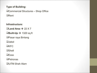 Type of Building:
Commercial Structures – Shop Office
Rent


Infrastructure:
Land Area  22 X 7
Built-Up  1320 sq.ft
...