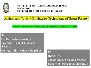 Course:- Production Technology of vegetable Crops (VSC-502)
To
Dr. Raveendra Jawadagi
Professor, Dept of Vegetable
Science,
College of Horticulture ,Bagalkot By
R.VISHAL
Junior M.Sc. Vegetable Science,
College of Horticulture ,Bagalkot
UNIVERSITY OF HORTICULTURAL SCIENCES
BAGALKOT
COLLEGE OF HORTICUTURE BAGALKOT
 