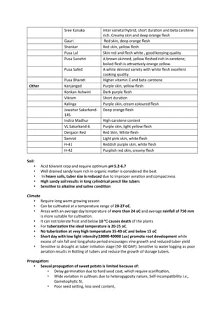 Sree Kanaka Inter varietal hybrid, short duration and beta carotene
rich. Creamy skin and deep orange flesh
Gauri Red skin, deep orange flesh
Shankar Red skin, yellow flesh
Pusa Lal Skin red and flesh white , good keeping quality
Pusa Sunehri A brown skinned, yellow fleshed rich in carotene;
boiled flesh is attractively orange yellow.
Pusa Safed A white skinned variety with white flesh excellent
cooking quality.
Pusa Bharati Higher vitamin C and beta carotene
Other Kanjangad Purple skin, yellow flesh
Konkan Ashwini Dark purple flesh
Vikram Short duration
Kalinga Purple skin, cream coloured flesh
Jawahar Sakarkand-
145
Deep orange flesh
Indira Madhur High carotene content
VL Sakarkand-6 Purple skin, light yellow flesh
Dergaon Red Red Skin, White flesh
Samrat Light pink skin, white flesh
H-41 Reddish purple skin, white flesh
H-42 Purplish red skin, creamy flesh
Soil:
• Acid tolerant crop and require optimum pH 5.2-6.7
• Well drained sandy loam rich in organic matter is considered the best
• In heavy soils, tuber size is reduced due to improper aeration and compactness
• High sandy soil results in long cylindrical pencil like tubers
• Sensitive to alkaline and saline condition
Climate
• Require long warm growing season
• Can be cultivated at a temperature range of 20-27 oC.
• Areas with an average day temperature of more than 24 oC and average rainfall of 750 mm
is more suitable for cultivation.
• It can not tolerate frost and below 10 ℃ causes death of the plants
• For tuberization the ideal temperature is 20-25 oC.
• No tuberization at very high temperature 35-40 oC and below 15 oC
• Short day with low light intensity(18000-40000 Lux) promote root development while
excess of rain fall and long photo period encourages vine growth and reduced tuber yield
• Sensitive to drought at tuber initiation stage (50- 60 DAP). Sensitive to water logging as poor
aeration results in Rotting of tubers and reduce the growth of storage tubers.
Propagation:
• Sexual propagation of sweet potato is limited because of:
• Delay germination due to hard seed coat, which require scarification,
• Wide variation in cultivars due to heterogygosity nature, Self-incompatibility i.e.,
Gametophytic SI,
• Poor seed setting, less seed content,
 