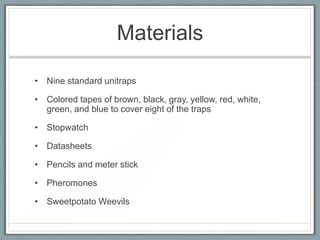 Materials

• Nine standard unitraps

• Colored tapes of brown, black, gray, yellow, red, white,
  green, and blue to cover eight of the traps

• Stopwatch

• Datasheets

• Pencils and meter stick

• Pheromones

• Sweetpotato Weevils
 