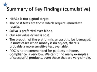 Summary of Key Findings (cumulative)
• HbA1c is not a good target.
• The best tests are those which require immediate
  results.
• Saliva is preferred over blood.
• Our key value driver is cost.
• The breadth of the platform is an asset to be leveraged.
  In most cases when money is no object, there’s
  probably a more sensitive test available.
• POC is not recommended for patients at home.
  Compliance is very low. We can’t find many examples
  of successful products, even those that are very simple.
 