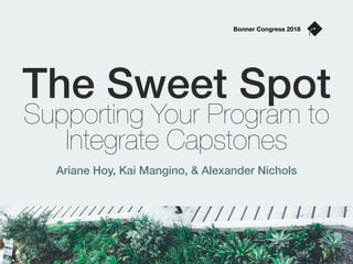 The Sweet Spot
Supporting Your Program to
Integrate Capstones
Ariane Hoy, Kai Mangino, & Alexander Nichols
Bonner Congress 2018
 