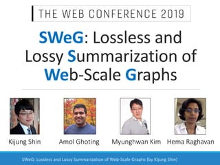 SWeG: Lossless and
Lossy Summarization of
Web-Scale Graphs
Kijung Shin Amol Ghoting Myunghwan Kim Hema Raghavan
SWeG: Lossless and Lossy Summarization of Web-Scale Graphs (by Kijung Shin)
 