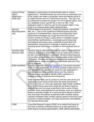 Insecure Direct
Object
References –
IDOR (A4)
(Related to authorization of authenticated users to various
applications). Potential threats can come from an authorized user
of the system who alters a parameter value that directly points to
an object that the user isn’t authorized to access. The user may
be authorized to access the system, but not a specific object, such
as a database record, specific file or even an URL. If the
application doesn’t verify the user for that specific object, it can
result in an insecure direct object reference flaw.
Security
Misconfiguration
(A5)
(Default pages and accounts, unpatched systems, unprotected
files, etc.) Look out for presence of default access accounts,
presence of unprotected files, leaving misconfiguration which
allows lesser privileged user to get more secured content/
function, presence of logs in public library or available outside
server/without authentication, unnecessary ports being kept
open/default ports being used, availability of code files to be
downloaded, exposing error message in detail to end user,
exposing server technology in headers or html rendered and so
on.
Sensitive Data
Exposure (A6)
Sensitive data is information that can be used or manipulated for
nefarious purposes to great effect, such as credit card numbers,
tax IDs, and authentication credentials. Sensitive Data Exposure
occurs when an application does not adequately protect sensitive
information. The data can vary and anything from passwords,
session tokens, credit card data to private health data and more
can be exposed.
Buffer Overflows Attackers generally use buffer overflows to corrupt the execution
stack of a web application. By sending carefully crafted input to a
web application, an attacker can cause the web application to
execute arbitrary code, possibly taking over the machine.
Attackers have managed to identify buffer overflows in a
staggering array of products and components.
Buffer overflow flaws can be present in both the web server and
application server products that serve the static and dynamic
portions of a site, or in the web application itself. Buffer overflows
found in commonly-used server products are likely to become
widely known and can pose a significant risk to users of these
products. When web applications use libraries, such as a graphics
library to generate images or a communications library to send e-
mail, they open themselves to potential buffer overflow attacks.
Literature detailing buffer overflow attacks against commonly-used
products is readily available, and newly discovered vulnerabilities
are reported almost daily.
CSRF Cross-Site Request Forgery (CSRF) is an attack that forces an
end user to execute unwanted actions on a web application in
which they're currently authenticated. CSRF attacks specifically
 