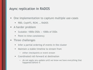 Async replication in RADOS
●
One implementation to capture multiple use-cases
●
RBD, CephFS, RGW, … RADOS
● A harder problem
●
Scalable: 1000s OSDs 1000s of OSDs→
●
Point-in-time consistency
● Three challenges
●
Infer a partial ordering of events in the cluster
●
Maintain a stable timeline to stream from
– either checkpoints or event stream
●
Coordinated roll-forward at destination
– do not apply any update until we know we have everything that
happened before it
 