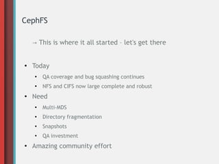 CephFS
→ This is where it all started – let's get there

●

Today
●

●

●

QA coverage and bug squashing continues
NFS and CIFS now large complete and robust

Need
●

●

Directory fragmentation

●

Snapshots

●

●

Multi-MDS

QA investment

Amazing community effort

 