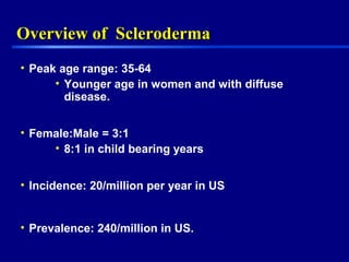 Overview of SclerodermaOverview of Scleroderma
• Peak age range: 35-64
• Younger age in women and with diffuse
disease.
• Female:Male = 3:1
• 8:1 in child bearing years
• Incidence: 20/million per year in US
• Prevalence: 240/million in US.
 