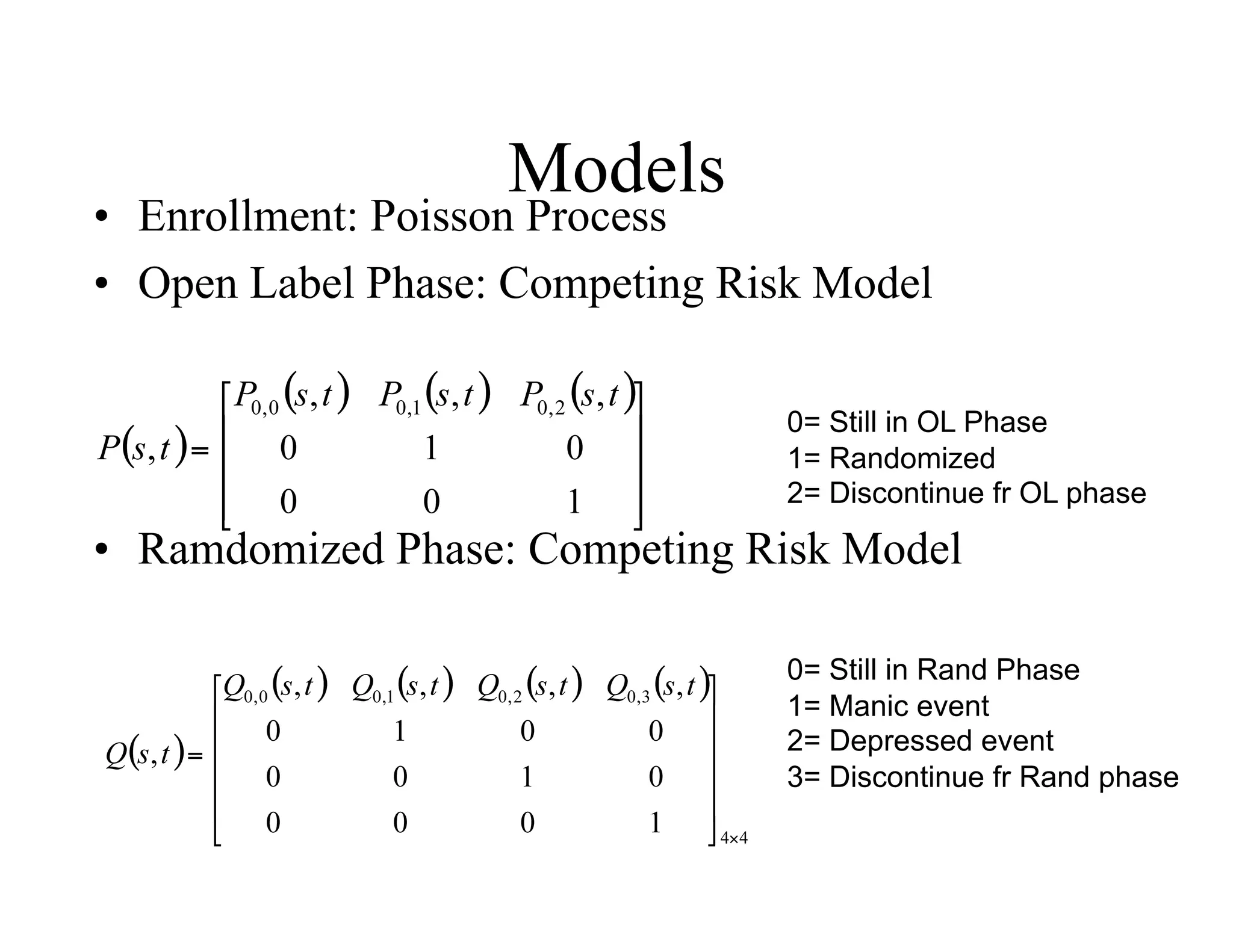 Models
•  Enrollment: Poisson Process
•  Open Label Phase: Competing Risk Model

                                 0= Still in OL Phase
                                 1= Randomized
                                 2= Discontinue fr OL phase

•  Ramdomized Phase: Competing Risk Model

                                 0= Still in Rand Phase
                                 1= Manic event
                                 2= Depressed event
                                 3= Discontinue fr Rand phase
 