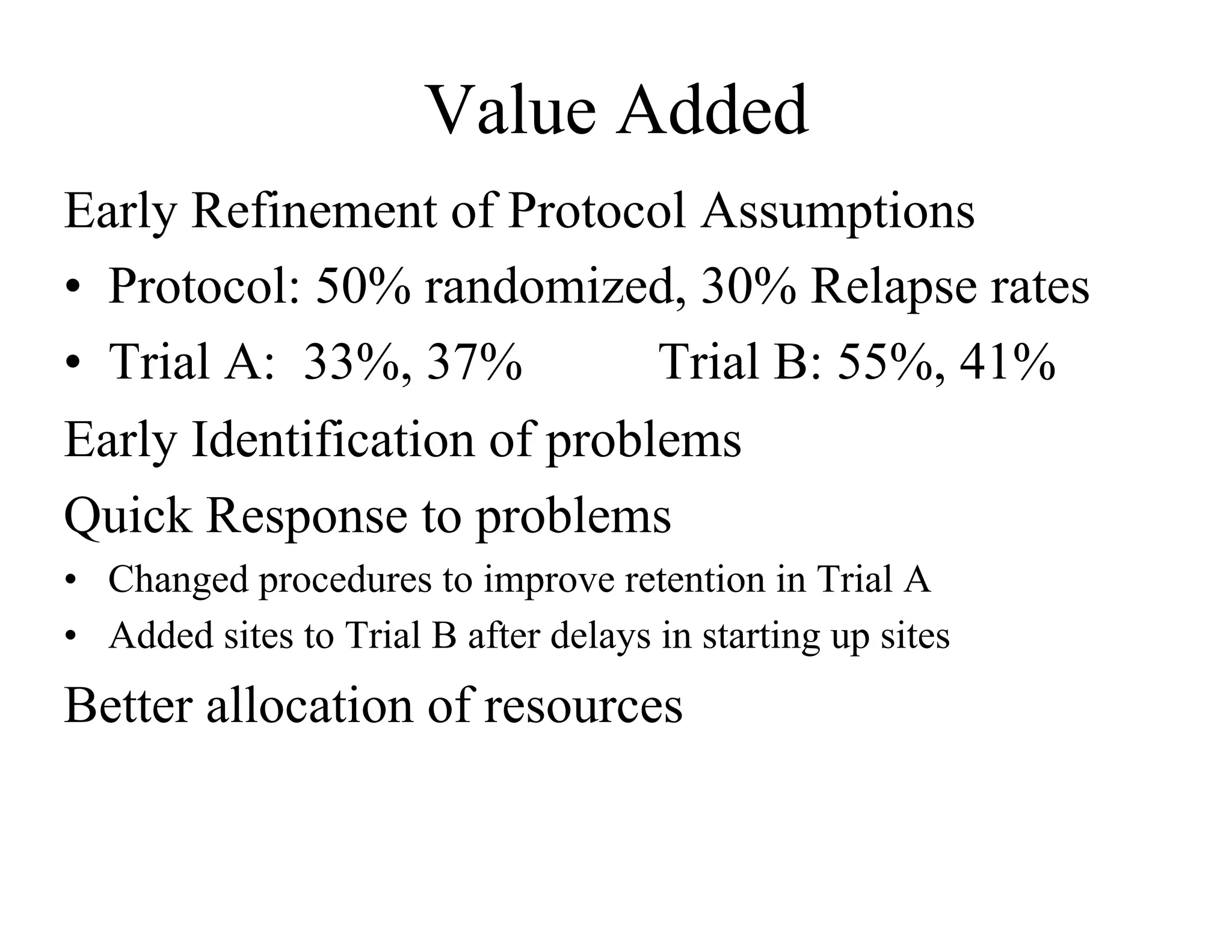 Value Added
Early Refinement of Protocol Assumptions
•  Protocol: 50% randomized, 30% Relapse rates
•  Trial A: 33%, 37%         Trial B: 55%, 41%
Early Identification of problems
Quick Response to problems
•  Changed procedures to improve retention in Trial A
•  Added sites to Trial B after delays in starting up sites
Better allocation of resources
 