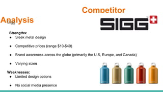 Competitor
AnalysisSigg
Strengths:
● Sleek metal design
● Competitive prices (range $10-$40)
● Brand awareness across the globe (primarily the U.S, Europe, and Canada)
● Varying sizes
Weaknesses:
● Limited design options
● No social media presence
 