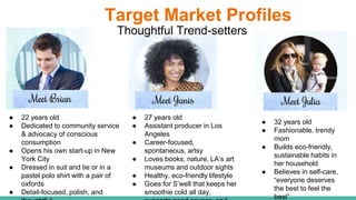 Target Market Profiles
● 27 years old
● Assistant producer in Los
Angeles
● Career-focused,
spontaneous, artsy
● Loves books, nature, LA’s art
museums and outdoor sights
● Healthy, eco-friendly lifestyle
● Goes for S’well that keeps her
smoothie cold all day,
● 22 years old
● Dedicated to community service
& advocacy of conscious
consumption
● Opens his own start-up in New
York City
● Dressed in suit and tie or in a
pastel polo shirt with a pair of
oxfords
● Detail-focused, polish, and
● 32 years old
● Fashionable, trendy
mom
● Builds eco-friendly,
sustainable habits in
her household
● Believes in self-care,
“everyone deserves
the best to feel the
best”
Thoughtful Trend-setters
 