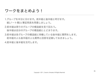 Copyright ? 2011-, Susumu Yamazaki, All Rights Reserved.
`ޤȤ褦
1.`פ֤˷֤ޤǰMMȺӤޤ
(Ω`)ȹPӛþߤ⤷ޤ礦
2.ǰMܤΥ`פģ켈Ҋƻؤ
MԷ֤Υ`פģ켈ˤȤɤޤޤ
3.ǰMϸ`פģ켈˴CƤM|򤷤ޤ
ǰMˤMˤ|ȻشӛhƤޤ礦
4.ǰMM򽻴ޤ
35
 