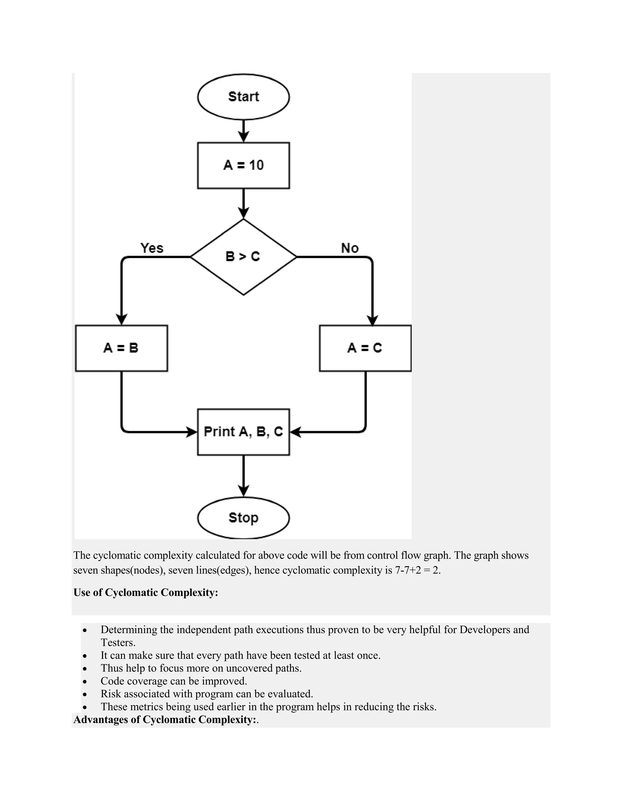 The cyclomatic complexity calculated for above code will be from control flow graph. The graph shows
seven shapes(nodes), seven lines(edges), hence cyclomatic complexity is 7-7+2 = 2.
Use of Cyclomatic Complexity:
 Determining the independent path executions thus proven to be very helpful for Developers and
Testers.
 It can make sure that every path have been tested at least once.
 Thus help to focus more on uncovered paths.
 Code coverage can be improved.
 Risk associated with program can be evaluated.
 These metrics being used earlier in the program helps in reducing the risks.
Advantages of Cyclomatic Complexity:.
 