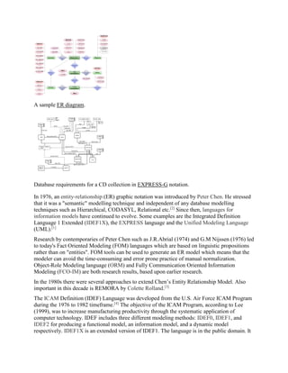 A sample ER diagram.
Database requirements for a CD collection in EXPRESS-G notation.
In 1976, an entity-relationship (ER) graphic notation was introduced by Peter Chen. He stressed
that it was a "semantic" modelling technique and independent of any database modelling
techniques such as Hierarchical, CODASYL, Relational etc.[2]
Since then, languages for
information models have continued to evolve. Some examples are the Integrated Definition
Language 1 Extended (IDEF1X), the EXPRESS language and the Unified Modeling Language
(UML).[1]
Research by contemporaries of Peter Chen such as J.R.Abrial (1974) and G.M Nijssen (1976) led
to today's Fact Oriented Modeling (FOM) languages which are based on linguistic propositions
rather than on "entities". FOM tools can be used to generate an ER model which means that the
modeler can avoid the time-consuming and error prone practice of manual normalization.
Object-Role Modeling language (ORM) and Fully Communication Oriented Information
Modeling (FCO-IM) are both research results, based upon earlier research.
In the 1980s there were several approaches to extend Chen’s Entity Relationship Model. Also
important in this decade is REMORA by Colette Rolland.[3]
The ICAM Definition (IDEF) Language was developed from the U.S. Air Force ICAM Program
during the 1976 to 1982 timeframe.[4]
The objective of the ICAM Program, according to Lee
(1999), was to increase manufacturing productivity through the systematic application of
computer technology. IDEF includes three different modeling methods: IDEF0, IDEF1, and
IDEF2 for producing a functional model, an information model, and a dynamic model
respectively. IDEF1X is an extended version of IDEF1. The language is in the public domain. It
 