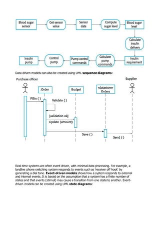 Data-driven models can also be created using UML sequence diagrams:
Real-time systems are often event-driven, with minimal data processing. For example, a
landline phone switching system responds to events such as 'receiver off hook' by
generating a dial tone. Event-driven models shows how a system responds to external
and internal events. It is based on the assumption that a system has a finite number of
states and that events (stimuli) may cause a transition from one state to another. Event-
driven models can be created using UML state diagrams:
 