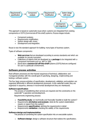 This approach is based on systematic reuse where systems are integrated from existing
components or COTS (Commercial-off-the-shelf) systems. Process stages include:
 Component analysis;
 Requirements modification;
 System design with reuse;
 Development and integration.
Reuse is now the standard approach for building many types of business system.
Types of software components:
 Web services that are developed according to service standards and which are
available for remote invocation.
 Collections of objects that are developed as a package to be integrated with a
component framework such as .NET or J2EE.
 Stand-alone commercial-off-the-shelf systems (COTS) that are configured
for use in a particular environment.
Software process activities
Real software processes are inter-leaved sequences of technical, collaborative and
managerial activities with the overall goal of specifying, designing, implementing and
testing a software system.
The four basic process activities of specification, development, validation and evolution are
organized differently in different development processes. In the waterfall model, they are
organized in sequence, whereas in incremental development they are interleaved.
Software specification
The process of establishing what services are required and the constraints on the
systemâ€™s operation and development.
Requirements engineering process:
 Feasibility study: is it technically and financially feasible to build the system?
 Requirements elicitation and analysis: what do the system stakeholders
require or expect from the system?
 Requirements specification: defining the requirements in detail
 Requirements validation: checking the validity of the requirements
Software design and implementation
The process of converting the system specification into an executable system.
 Software design: design a software structure that realizes the specification;
 