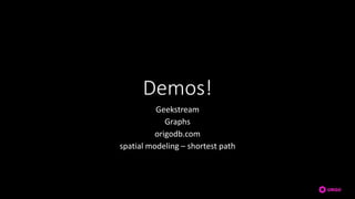 Demos!
Geekstream
Graphs
origodb.com
spatial modeling – shortest path
 