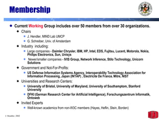 Membership Current  Working  Group includes over 50 members from over 30 organizations.  Chairs J. Hendler, MIND Lab UMCP G. Schreiber, Univ. of Amsterdam Industry  including: Large companies -  Daimler Chrysler, IBM, HP, Intel, EDS, Fujitsu, Lucent, Motorola, Nokia, Philips Electronics, Sun, Unisys Newer/smaller companies -  IVIS Group, Network Inference, Stilo Technology, Unicorn Solutions Government and Not-For-Profits: US Defense Information Systems Agency, Interoperability Technology Association for Information Processing, Japan (INTAP) , Electricite De France ,  Mitre, NIST Universities and Research Centers: University of Bristol, University of Maryland, University of Southamptom, Stanford University DFKI (German Research Center for Artificial Intelligence), Forschungszentrum Informatik, Ontoweb Invited Experts  Well-known academics from non-W3C members (Hayes, Heflin, Stein, Borden) 