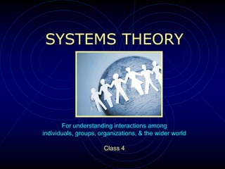 SYSTEMS THEORY
For understanding interactions among
individuals, groups, organizations, & the wider world
Class 4
 