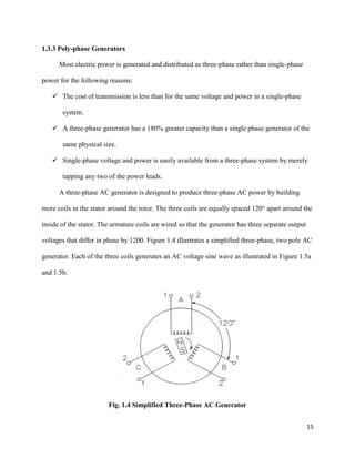 15
1.3.3 Poly-phase Generators
Most electric power is generated and distributed as three-phase rather than single-phase
power for the following reasons:
 The cost of transmission is less than for the same voltage and power in a single-phase
system.
 A three-phase generator has a 180% greater capacity than a single phase generator of the
same physical size.
 Single-phase voltage and power is easily available from a three-phase system by merely
tapping any two of the power leads.
A three-phase AC generator is designed to produce three-phase AC power by building
more coils in the stator around the rotor. The three coils are equally spaced 120° apart around the
inside of the stator. The armature coils are wired so that the generator has three separate output
voltages that differ in phase by 1200. Figure 1.4 illustrates a simplified three-phase, two pole AC
generator. Each of the three coils generates an AC voltage sine wave as illustrated in Figure 1.5a
and 1.5b.
Fig. 1.4 Simplified Three-Phase AC Generator
 