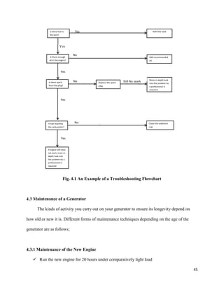 45
Fig. 4.1 An Example of a Troubleshooting Flowchart
4.3 Maintenance of a Generator
The kinds of activity you carry out on your generator to ensure its longevity depend on
how old or new it is. Different forms of maintenance techniques depending on the age of the
generator are as follows;
4.3.1 Maintenance of the New Engine
 Run the new engine for 20 hours under comparatively light load
 