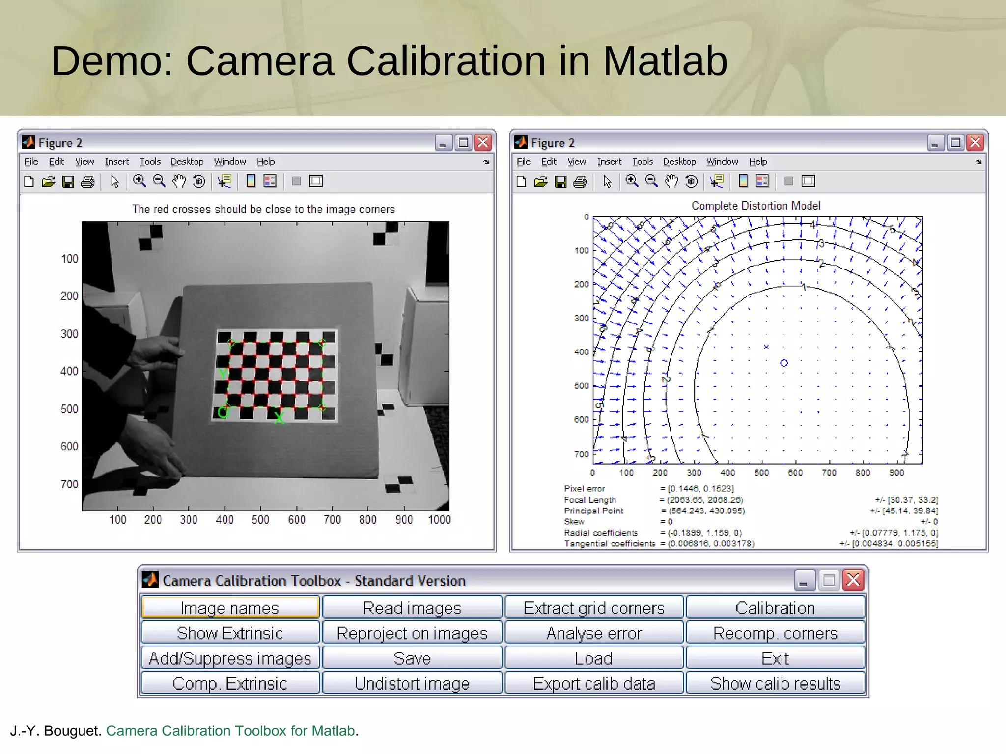 Demo: Camera Calibration in Matlab J.-Y. Bouguet.  Camera Calibration Toolbox for Matlab . http://www.vision.caltech.edu/bouguetj/calib_doc/ 