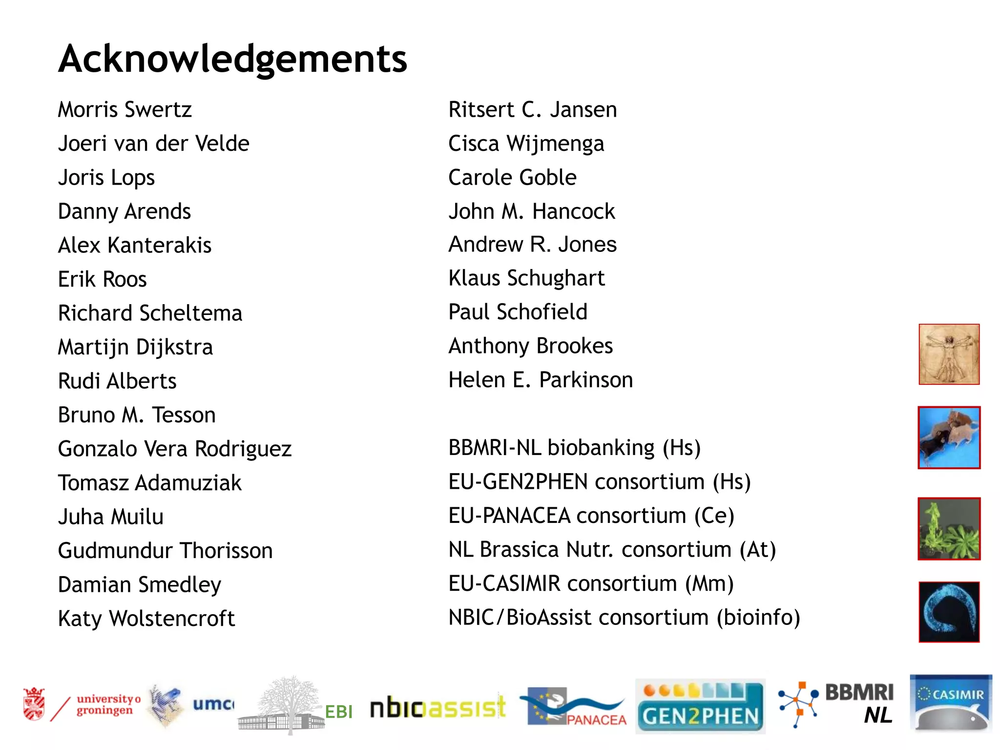 Acknowledgements Morris Swertz Joeri van der Velde Joris Lops Danny Arends Alex Kanterakis Erik Roos Richard Scheltema Martijn Dijkstra Rudi Alberts Bruno M. Tesson Gonzalo Vera Rodriguez Tomasz Adamuziak Juha Muilu Gudmundur Thorisson Damian Smedley Katy Wolstencroft Ritsert C. Jansen Cisca Wijmenga Carole Goble John M. Hancock Andrew R. Jones  Klaus Schughart Paul Schofield  Anthony Brookes Helen E. Parkinson BBMRI-NL biobanking (Hs) EU-GEN2PHEN consortium (Hs) EU-PANACEA consortium (Ce) NL Brassica Nutr. consortium (At) EU-CASIMIR consortium (Mm) NBIC/BioAssist consortium (bioinfo) EBI NL NL 