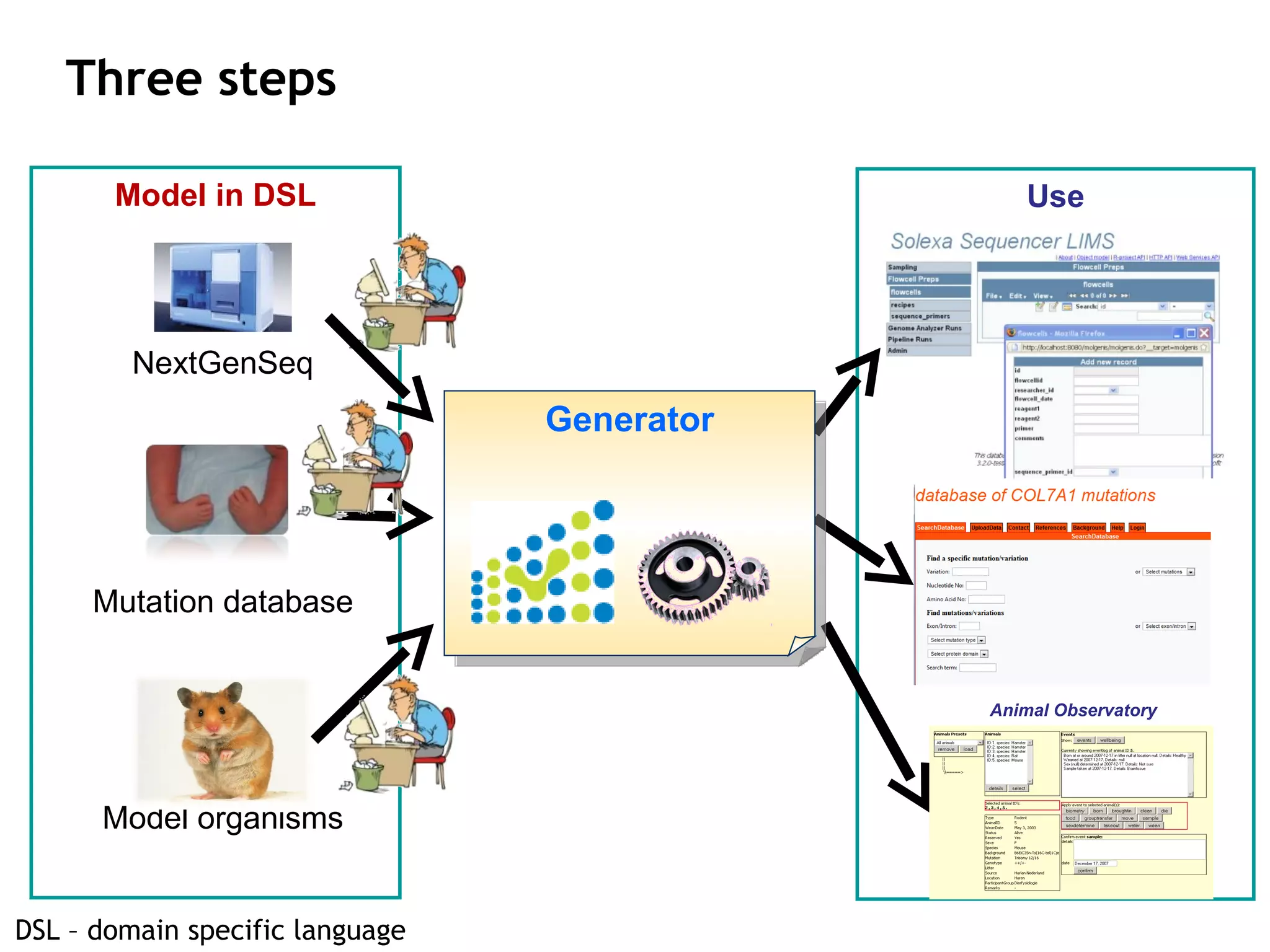 Three steps NextGenSeq Mutation database Model organisms Model in DSL DSL – domain specific language Use Animal Observatory Generator 