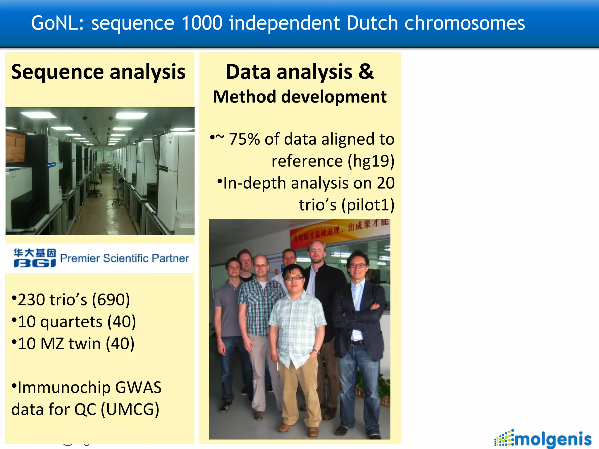 GoNL: sequence 1000 independent Dutch chromosomes Sequence analysis 230 trio’s (690) 10 quartets (40) 10 MZ twin (40) Immunochip GWAS data for QC (UMCG) Data analysis & Method development ~ 75% of data aligned to reference (hg19) In-depth analysis on 20 trio’s (pilot1) 