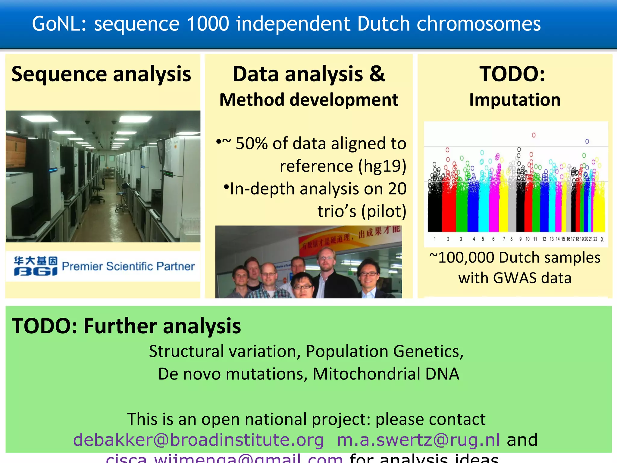GoNL: sequence 1000 independent Dutch chromosomes Sequence analysis 230 trio’s (690) 10 quartets (40) 10 MZ twin (40) TODO:  Imputation ~100,000 Dutch samples with GWAS data Data analysis & Method development ~ 50% of data aligned to reference (hg19) In-depth analysis on 20 trio’s (pilot) TODO: Further analysis Structural variation, Population Genetics,  De novo mutations, Mitochondrial DNA This is an open national project: please contact  [email_address]   [email_address]  and  [email_address]  for analysis ideas.  