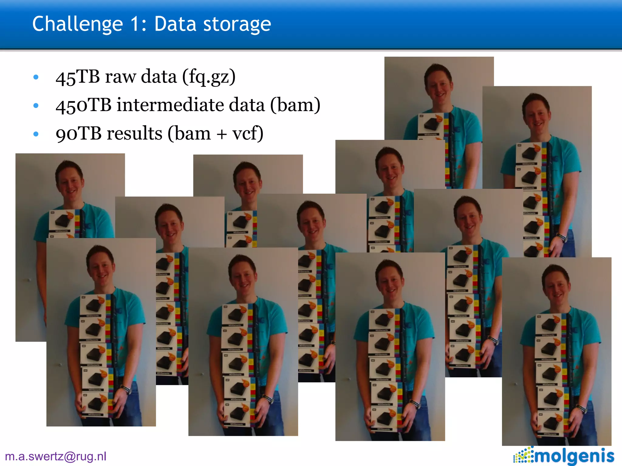 Challenge 1: Data storage 45TB raw data (fq.gz)  450TB intermediate data (bam) 90TB results (bam + vcf) 