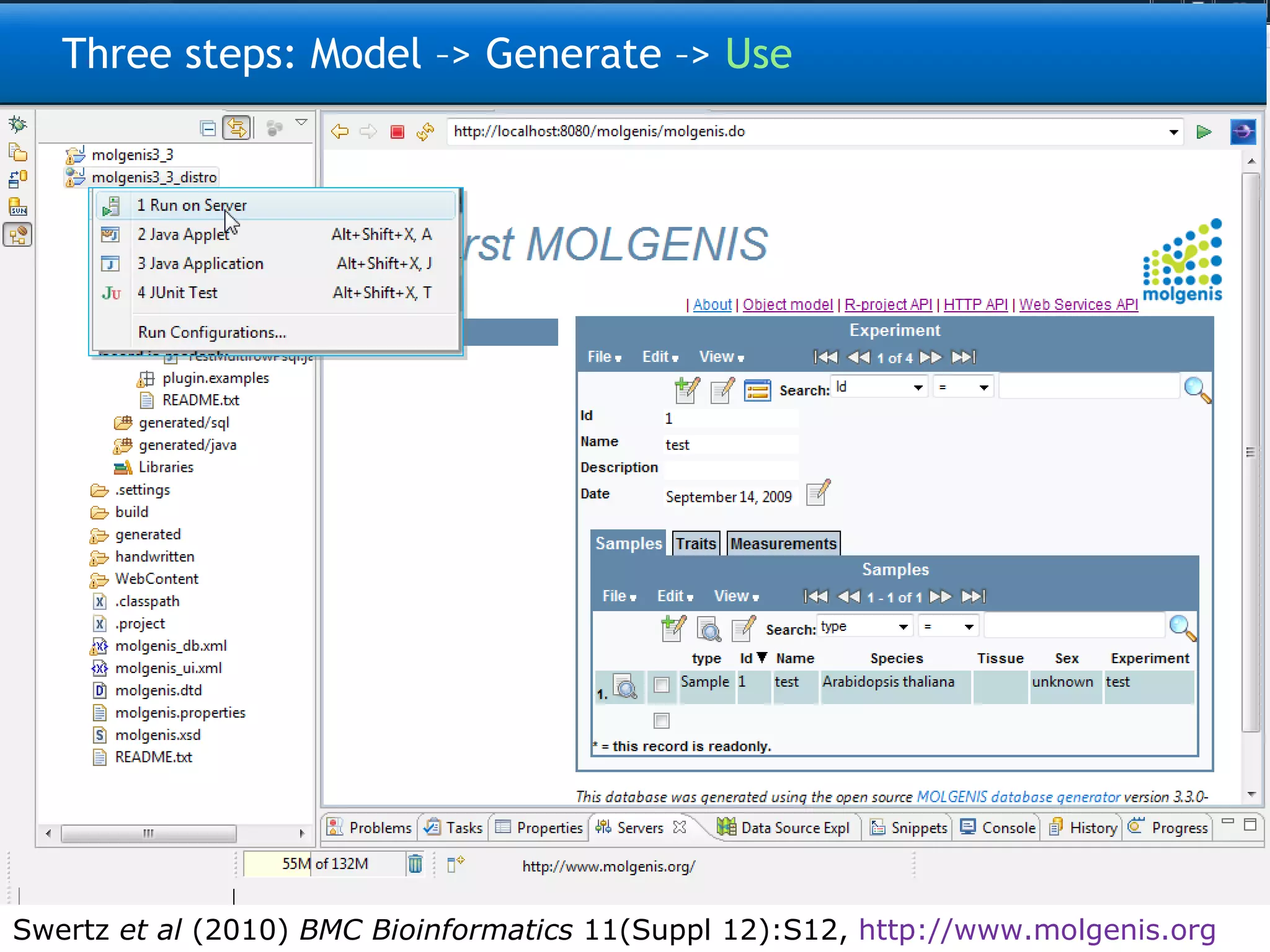 Three steps: Model –> Generate –>  Use Swertz  et al  (2010)  BMC Bioinformatics  11(Suppl 12):S12,  http://www.molgenis.org 