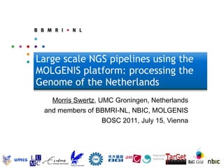 Large scale NGS pipelines using the MOLGENIS platform: processing the Genome of the Netherlands  Morris Swertz , UMC Groningen, Netherlands and members of BBMRI-NL, NBIC, MOLGENIS BOSC 2011, July 15, Vienna 