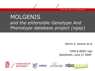 MOLGENIS  and the eXtensible Genotype And Phenotype database project (xgap) Morris A. Swertz et al DAM & BOSC sigs Stockholm, June 27 2009  EBI Biobanking platform 
