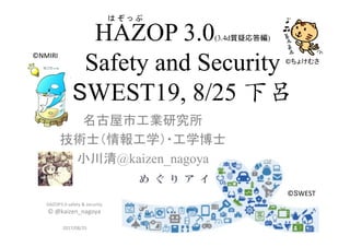 HAZOP 3.0質疑応答編(3.4d)
Safety and Security
SWEST19, 8/25 下呂
名古屋市工業研究所
技術士（情報工学）・工学博士
小川清@kaizen_nagoya
2017/08/25
HAZOP3.0	safety	&	security	
©	@kaizen_nagoya
©SWEST
1
©NMIRI
©ちょけむさ
は ぞ っ ぷ
 